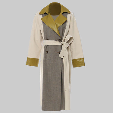 Autumn Winter British Stitching Contrast Color Leather Plaid Long Trench Coat Overcoat Coat Women - Modestly Vogue